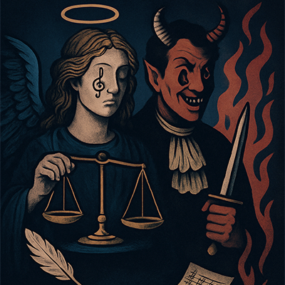 Engel und Teufel nebeneinander, der Engel hält eine Waage, der Teufel einen Dolch, im Hintergrund sind die Flügel des Engels und Höllenfeuer zu sehen
