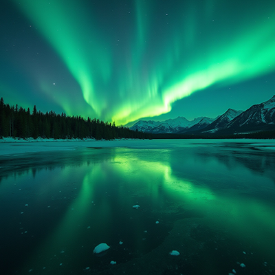 Polarlichter, die sich in einem See spiegeln. Am Horizont ein Nadelwald und schneebedeckte Berge